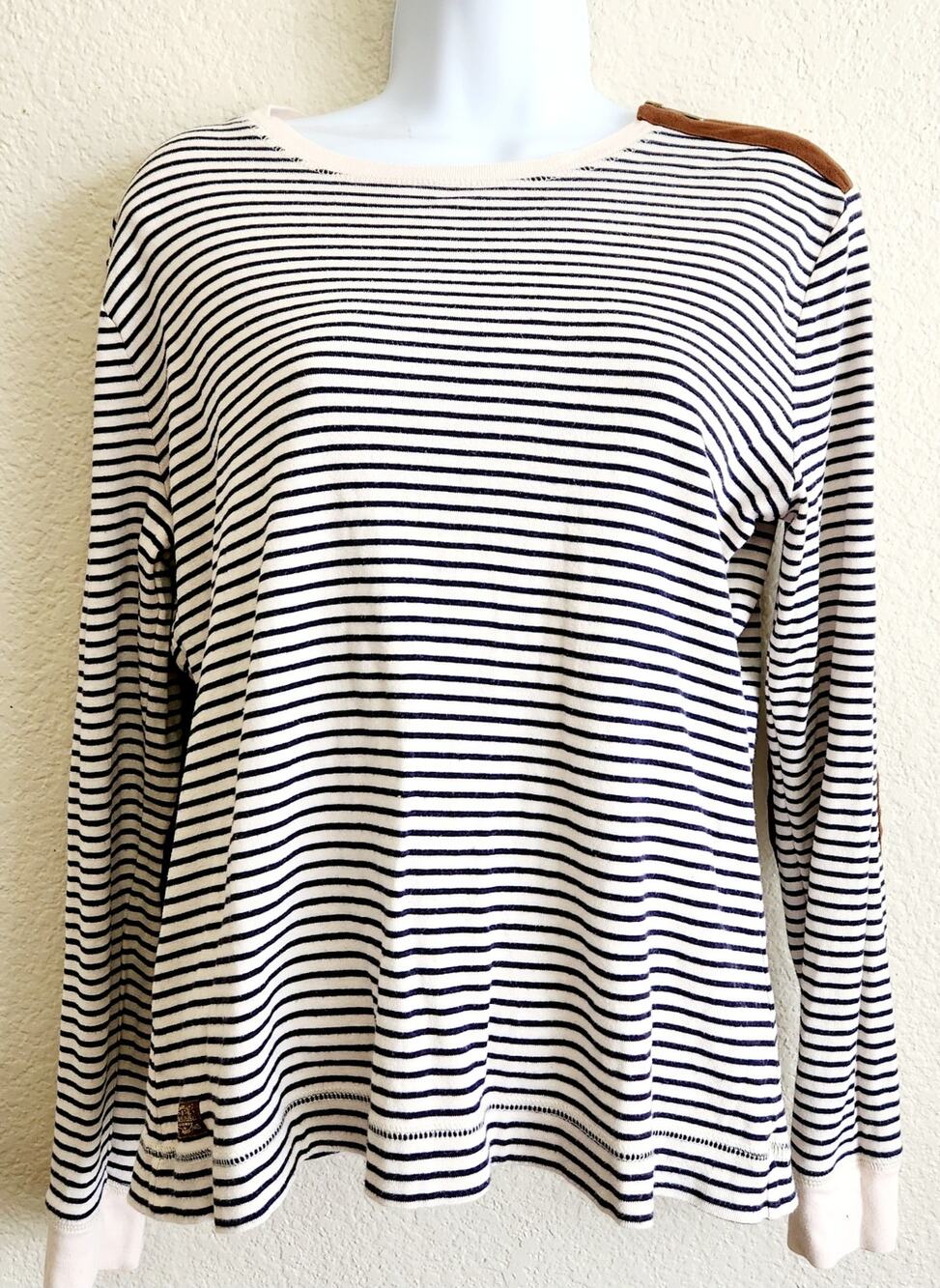 LRL Lauren Jeans Co Black Cream Stripes Top XL Long Sleeves Patches On Elbows